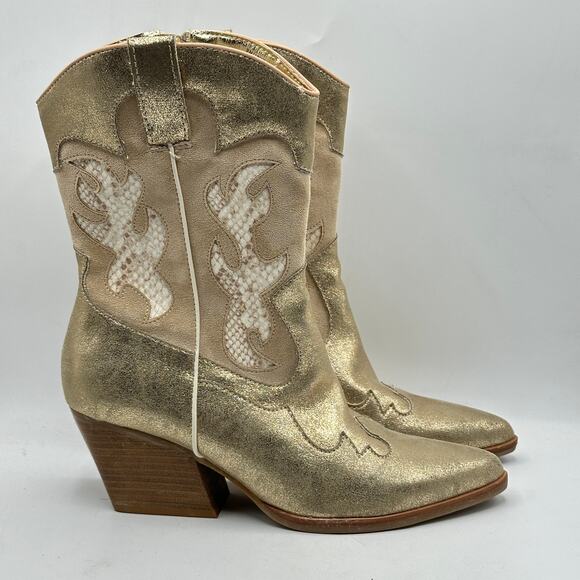 ANTHROPOLOGIE x DOLCE VITA Lunar Cowboy Boot Gold Metallic Snakeskin Sz 9 - Picture 3 of 8